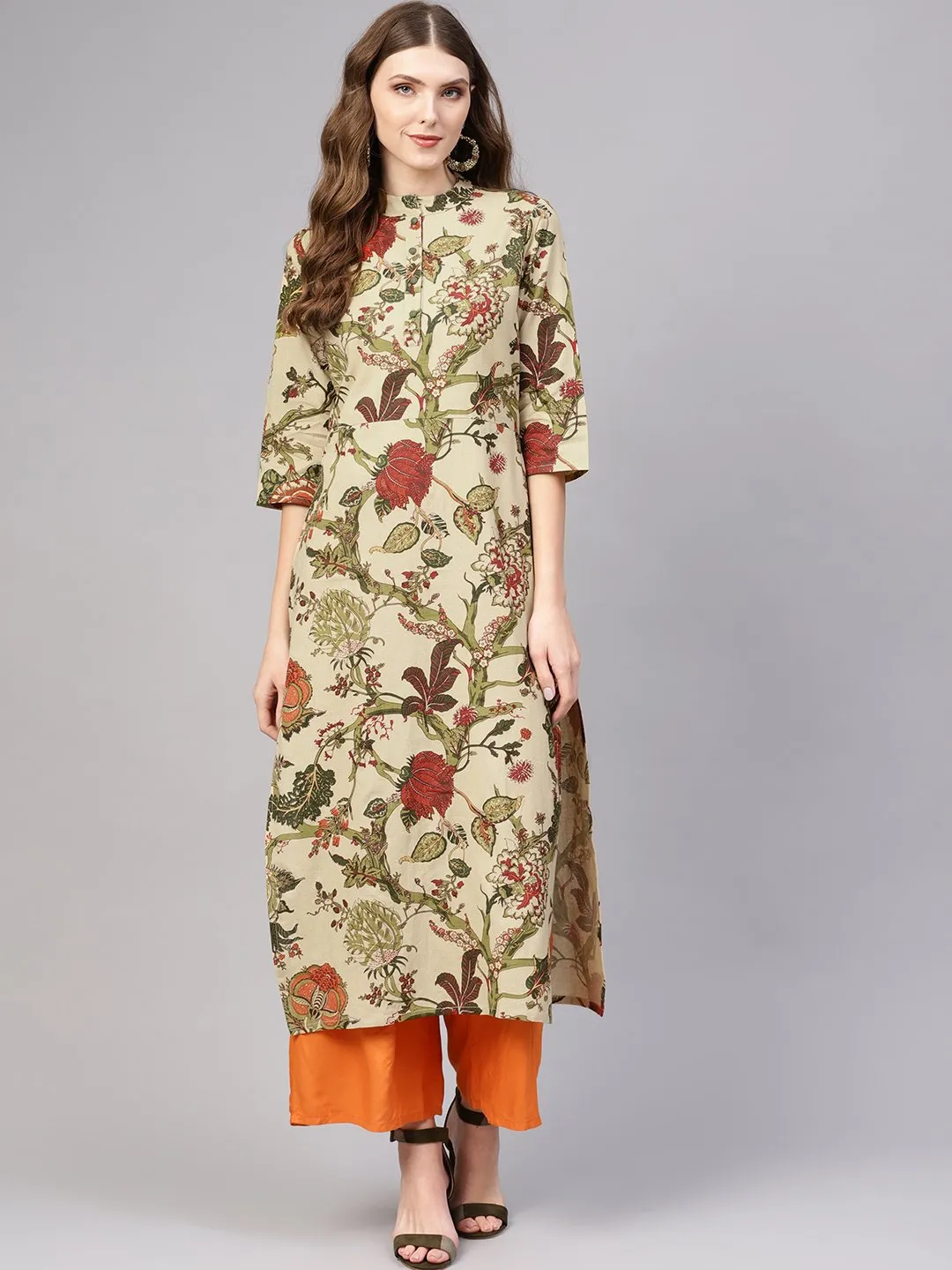 Beige Multi Colored Printed Straight Kurta With Mandarin Collar & 3/4 Sleeves
