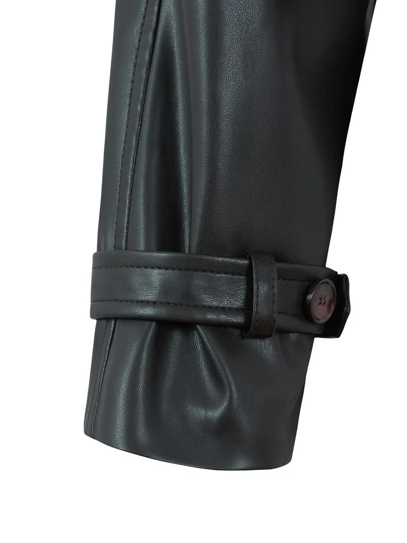 Biker Vegan Leather Jacket with Arm and Waist Belt Detail - Khaki