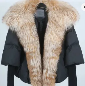 Black goose puffer - golden fur collar