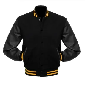 Black Wool Varsity Letterman Bomber Jacket Real Leather Sleeves Rib Black & Yellow