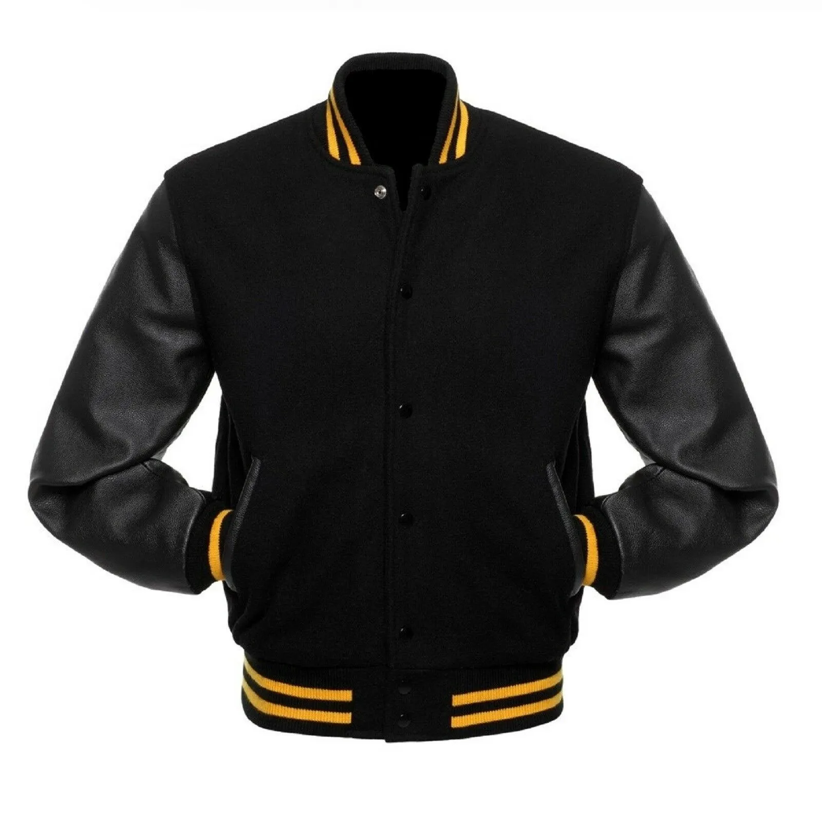 Black Wool Varsity Letterman Bomber Jacket Real Leather Sleeves Rib Black & Yellow