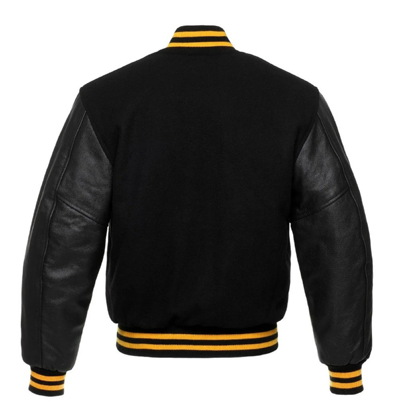 Black Wool Varsity Letterman Bomber Jacket Real Leather Sleeves Rib Black & Yellow