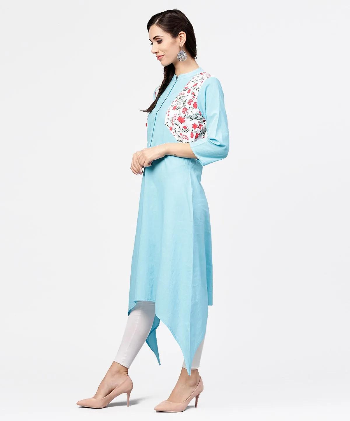 Blue 3/4Th Sleeve Cotton Floor Length Kurta
