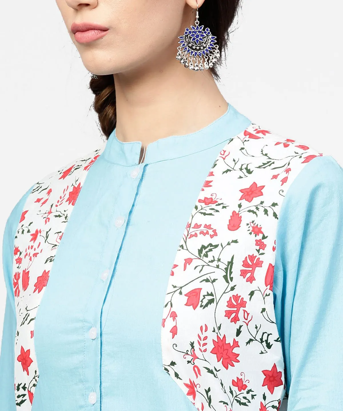 Blue 3/4Th Sleeve Cotton Floor Length Kurta