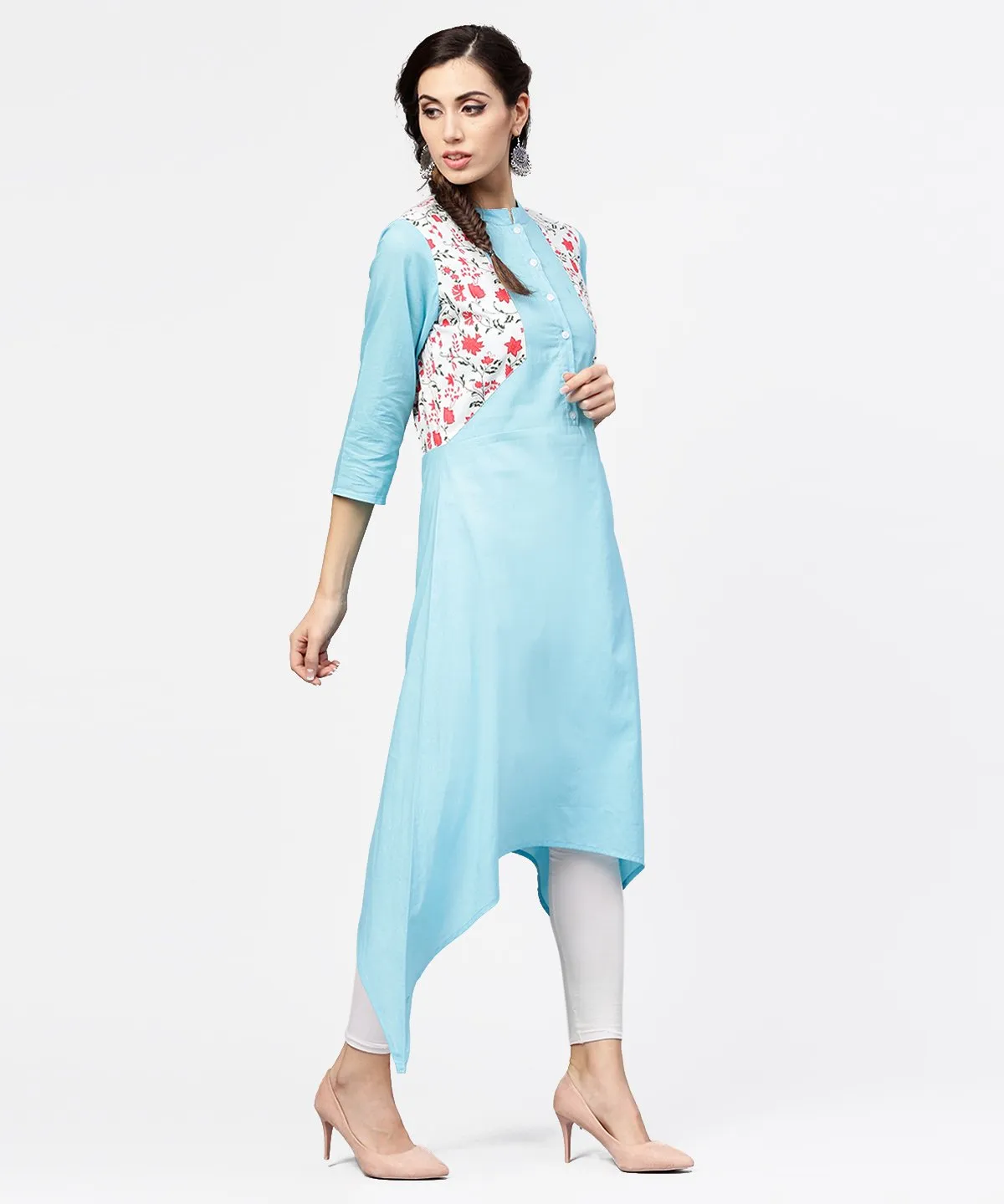 Blue 3/4Th Sleeve Cotton Floor Length Kurta