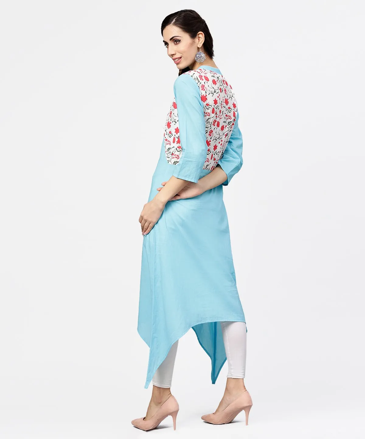 Blue 3/4Th Sleeve Cotton Floor Length Kurta