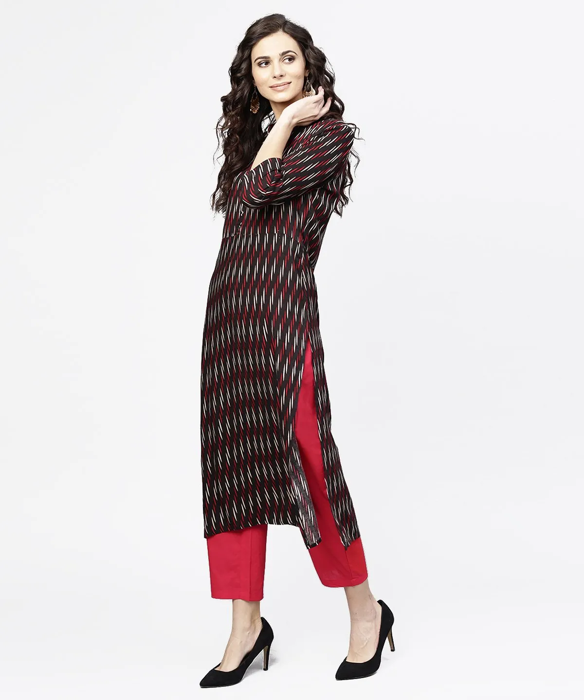 Blue 3/4Th Sleeve Cotton Straight Kurta