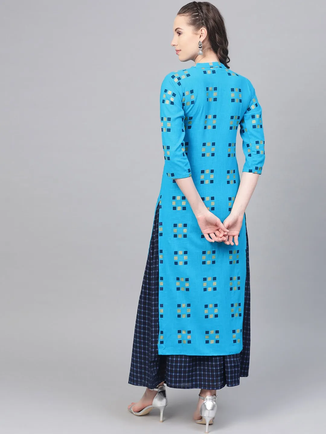 Blue And Beige Printed Kurta Set With Printed Skirt