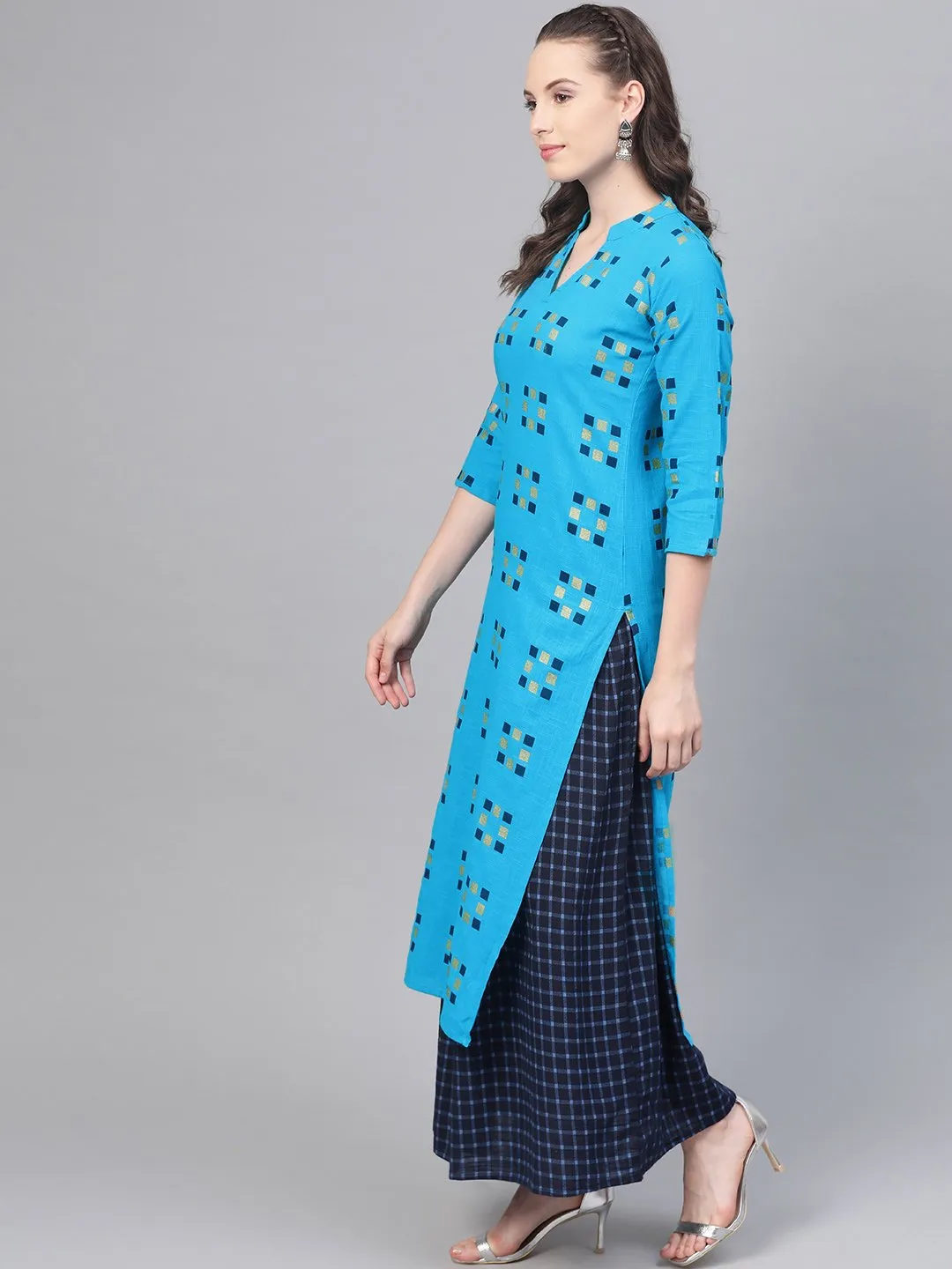Blue And Beige Printed Kurta Set With Printed Skirt