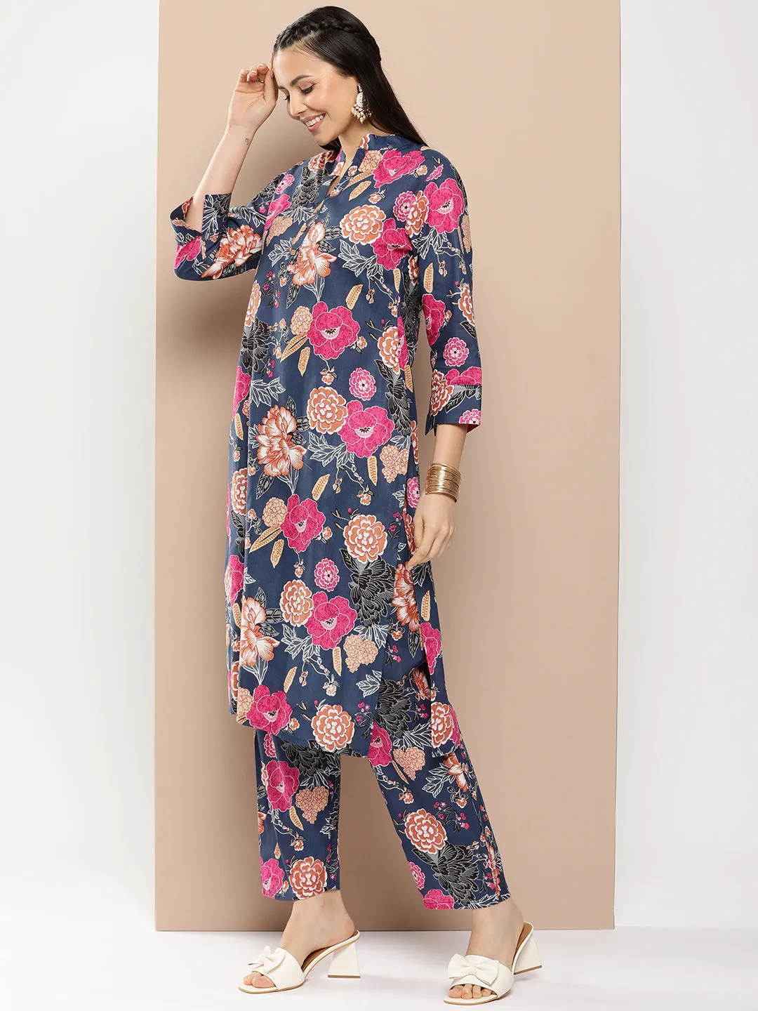 Blue Floral Cotton Printed A line Kurta Set For Women & Angrakha Kurta Sharara Set For Girls