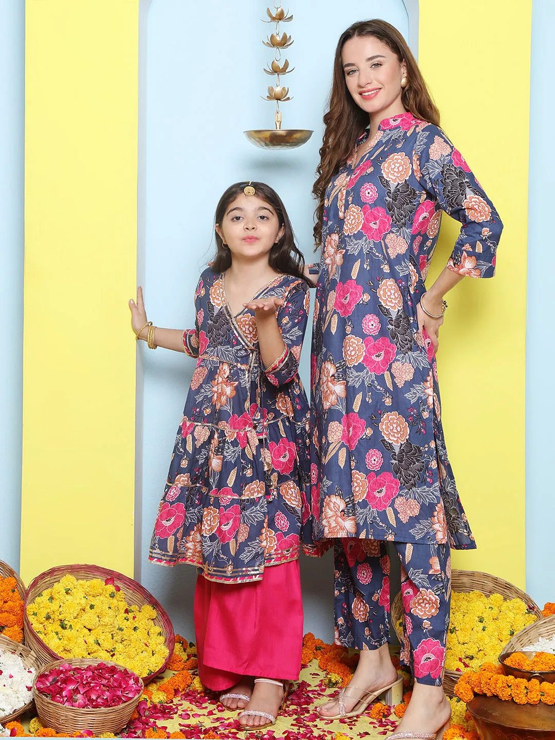 Blue Floral Cotton Printed A line Kurta Set For Women & Angrakha Kurta Sharara Set For Girls