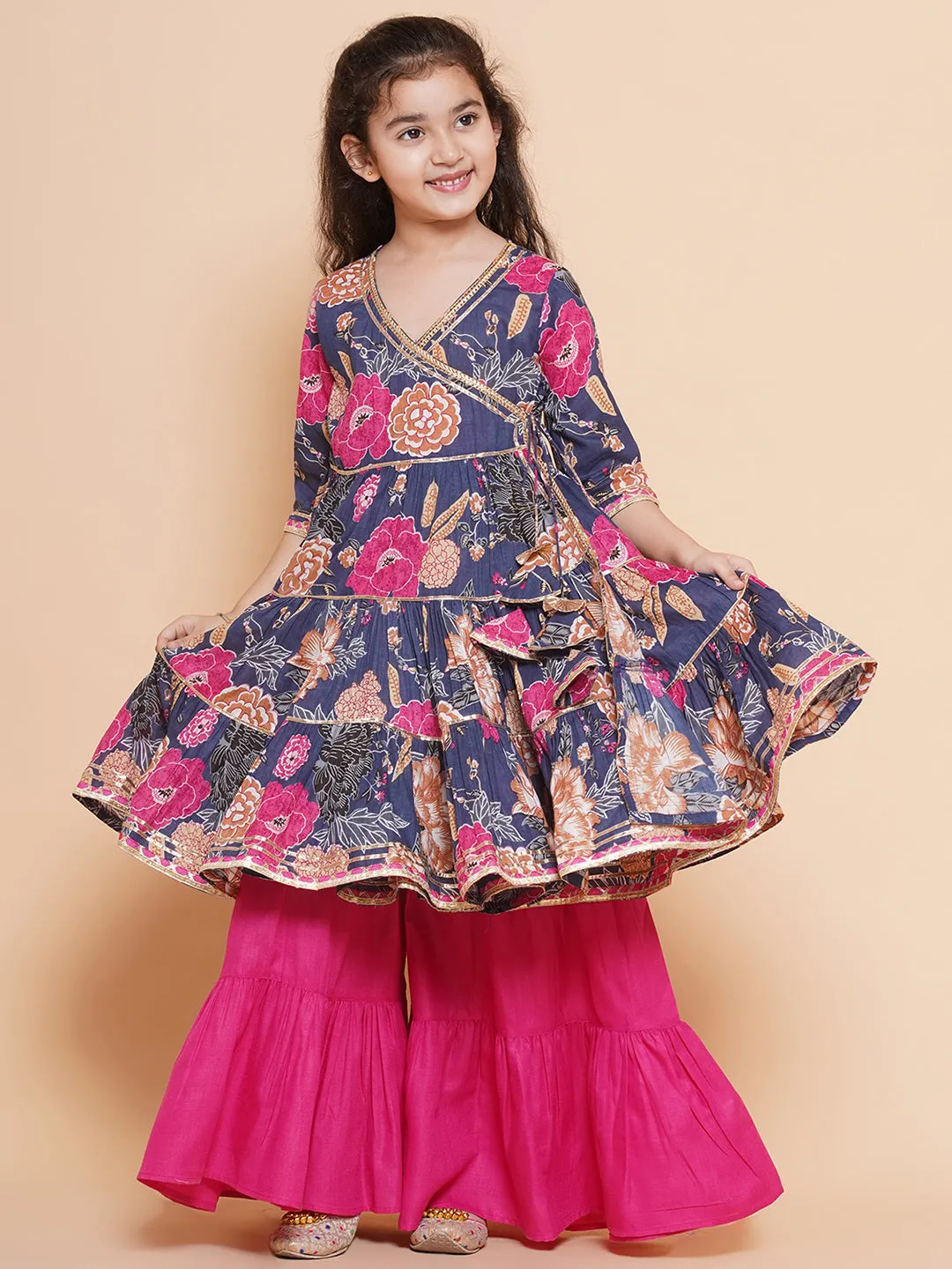 Blue Floral Cotton Printed A line Kurta Set For Women & Angrakha Kurta Sharara Set For Girls