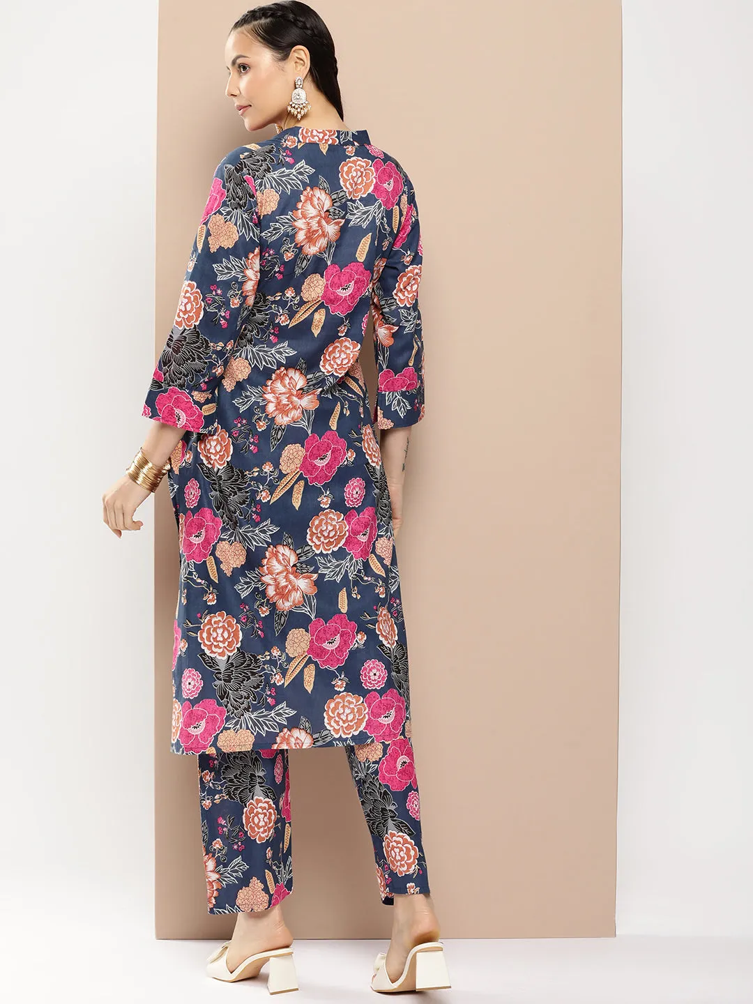Blue Floral Cotton Printed A line Kurta Set For Women & Angrakha Kurta Sharara Set For Girls