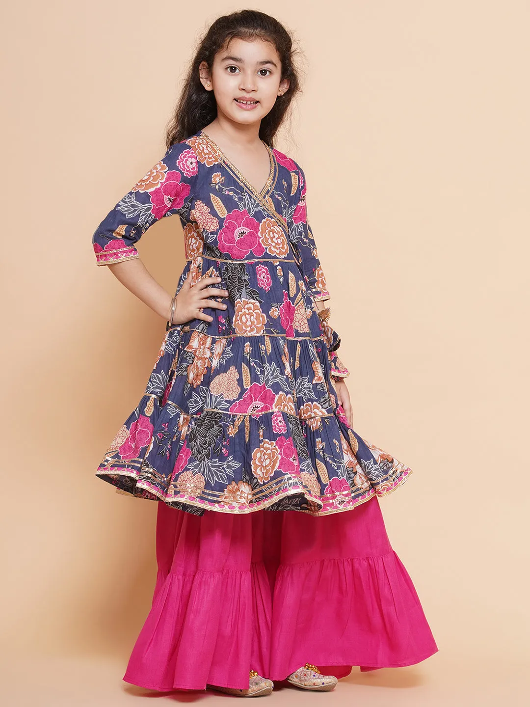 Blue Floral Cotton Printed A line Kurta Set For Women & Angrakha Kurta Sharara Set For Girls