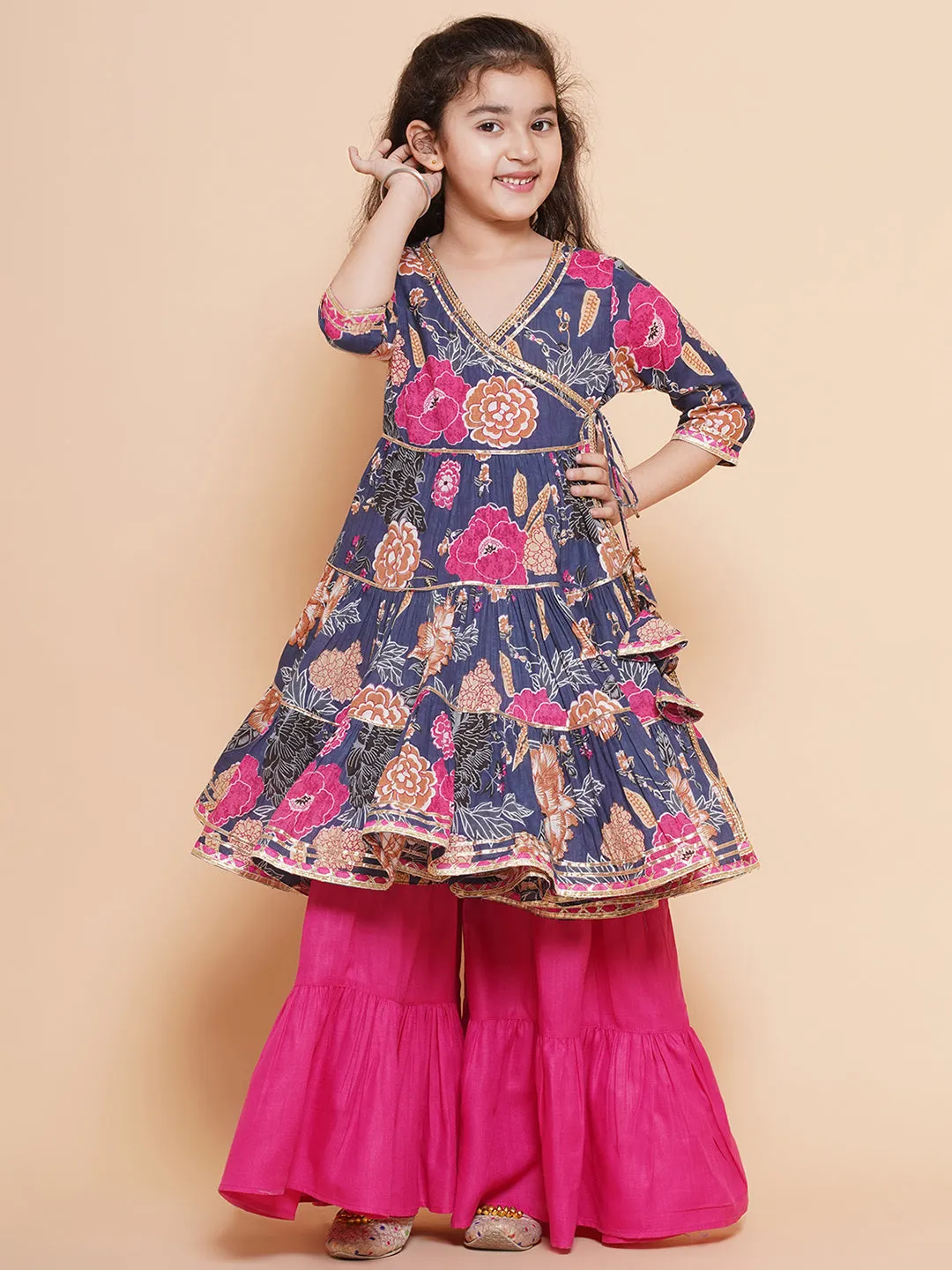 Blue Floral Cotton Printed A line Kurta Set For Women & Angrakha Kurta Sharara Set For Girls