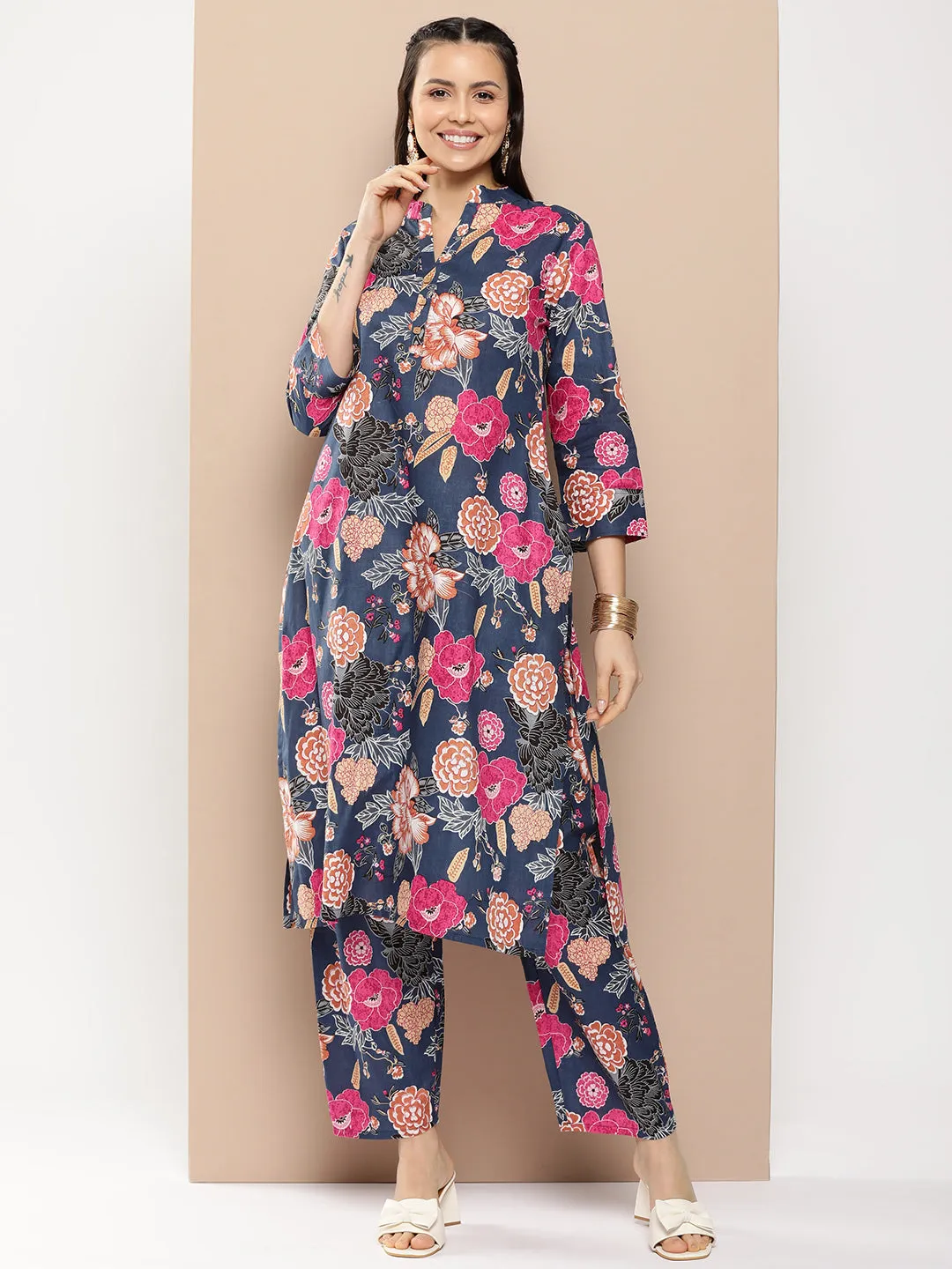 Blue Floral Cotton Printed A line Kurta Set For Women & Angrakha Kurta Sharara Set For Girls