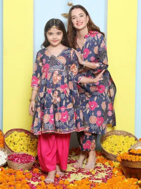 Blue Floral Cotton Printed A line Kurta Set For Women & Angrakha Kurta Sharara Set For Girls