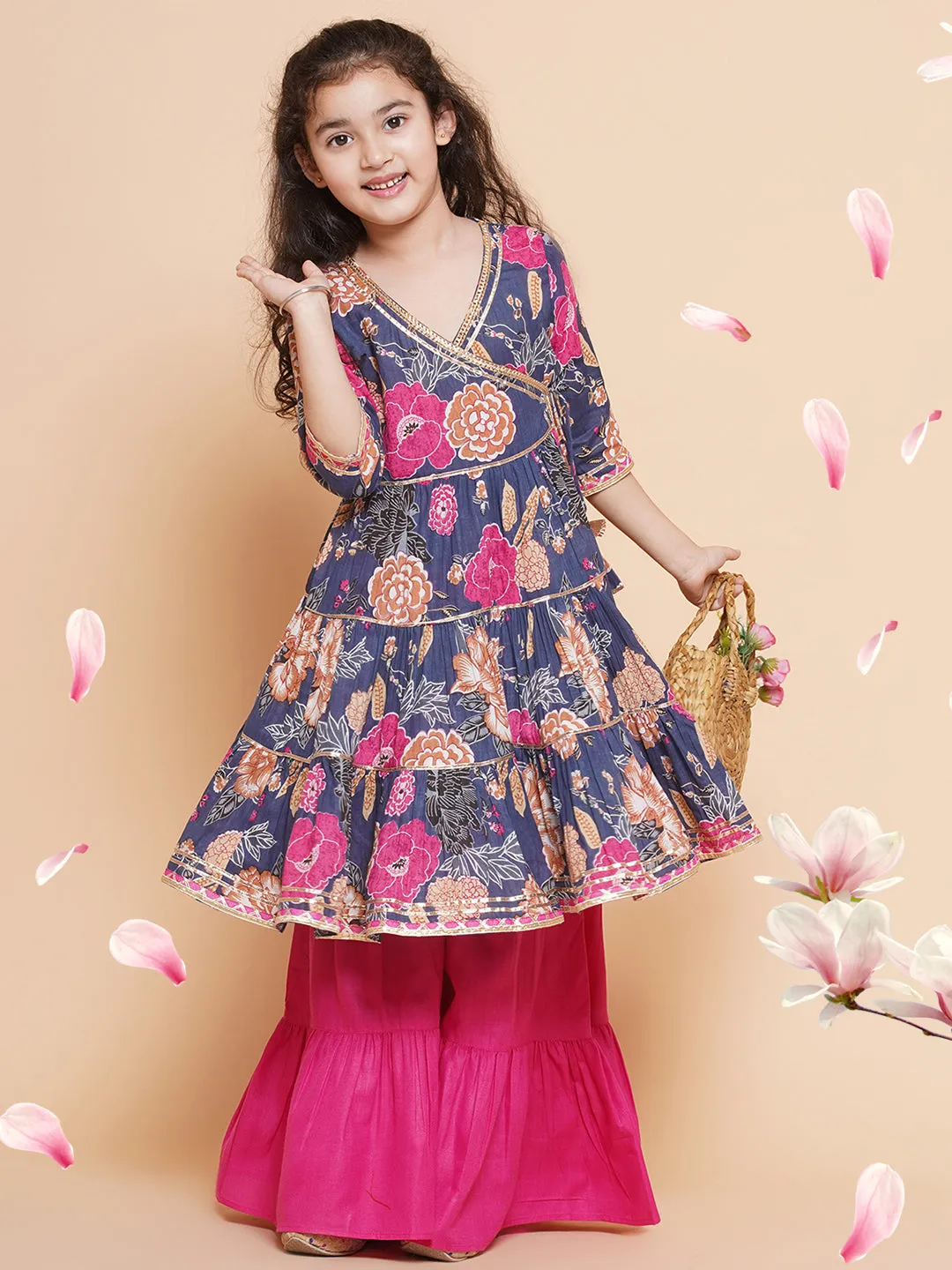 Blue Floral Cotton Printed A line Kurta Set For Women & Angrakha Kurta Sharara Set For Girls