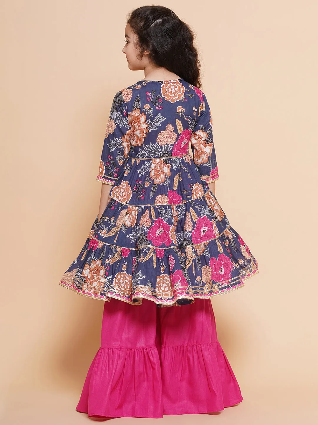 Blue Floral Cotton Printed A line Kurta Set For Women & Angrakha Kurta Sharara Set For Girls