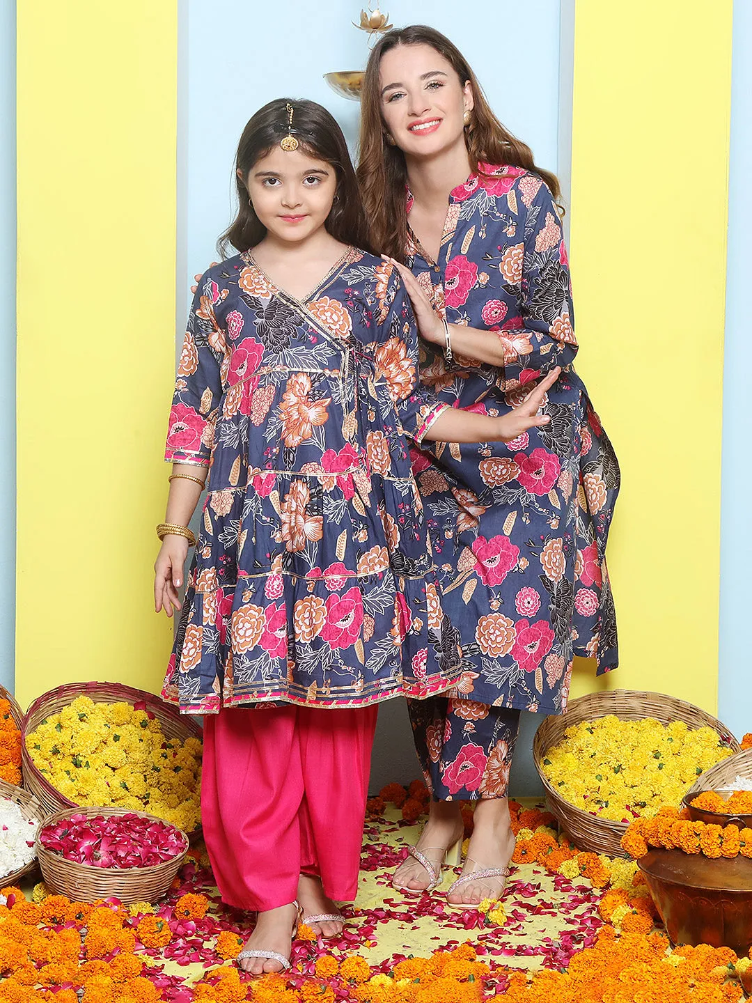 Blue Floral Cotton Printed A line Kurta Set For Women & Angrakha Kurta Sharara Set For Girls