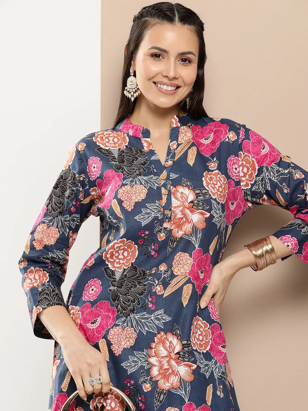 Blue Floral Cotton Printed A line Kurta Set For Women & Angrakha Kurta Sharara Set For Girls