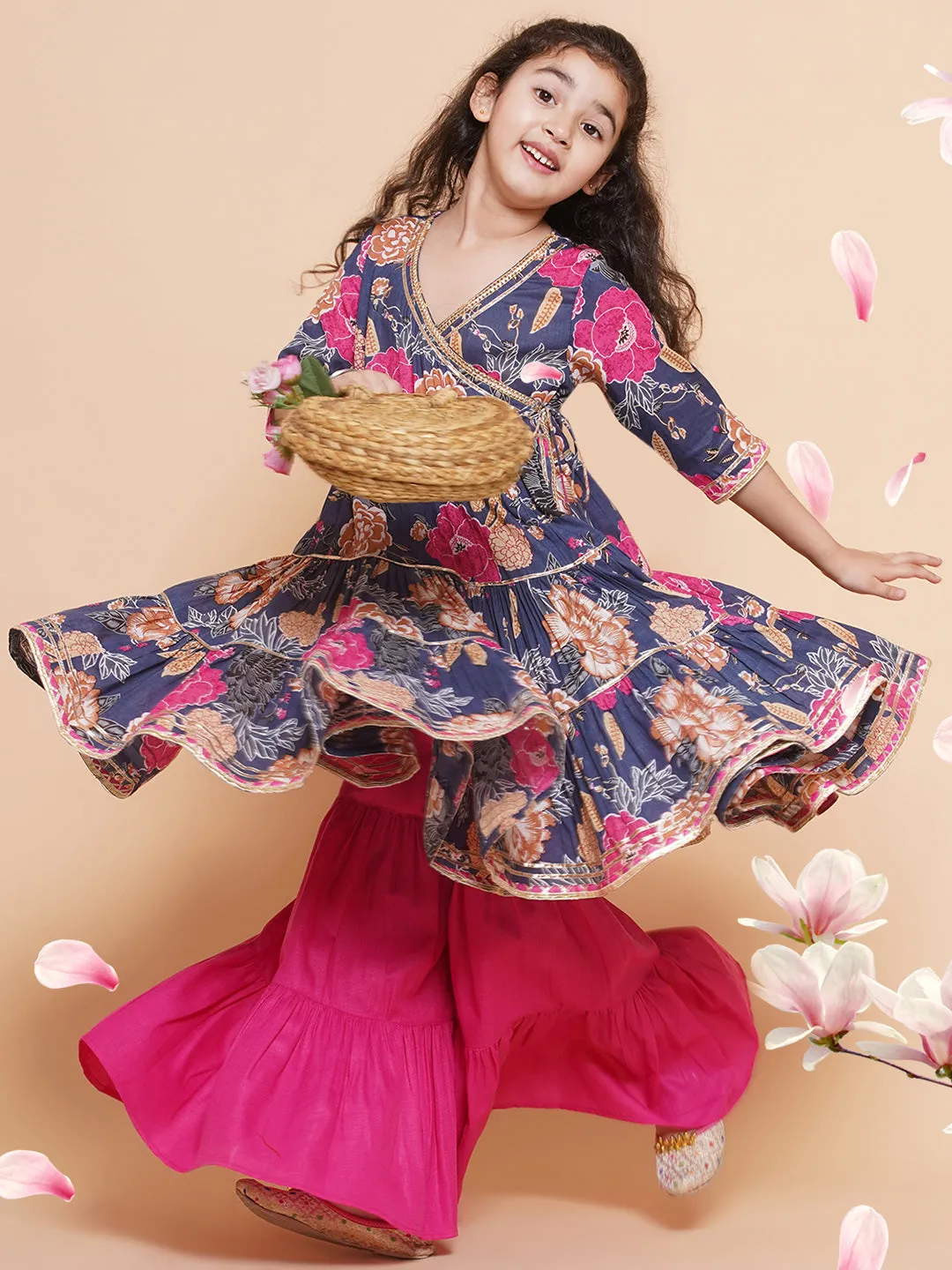 Blue Floral Cotton Printed A line Kurta Set For Women & Angrakha Kurta Sharara Set For Girls