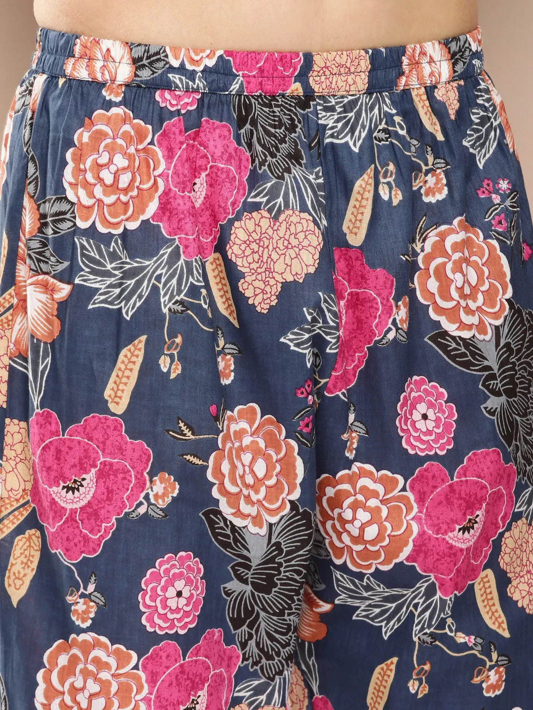 Blue Floral Cotton Printed A line Kurta Set For Women & Angrakha Kurta Sharara Set For Girls