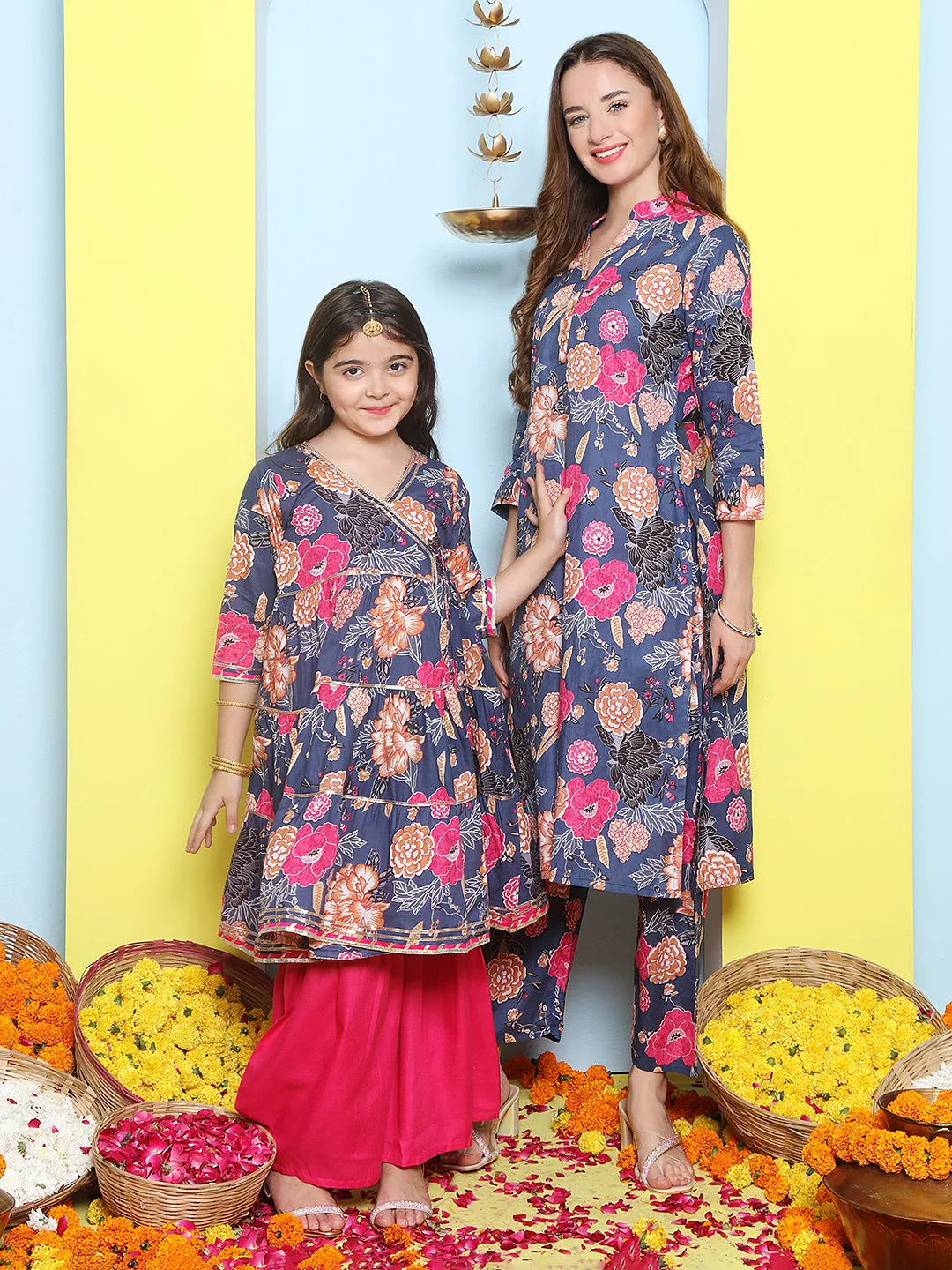 Blue Floral Cotton Printed A line Kurta Set For Women & Angrakha Kurta Sharara Set For Girls