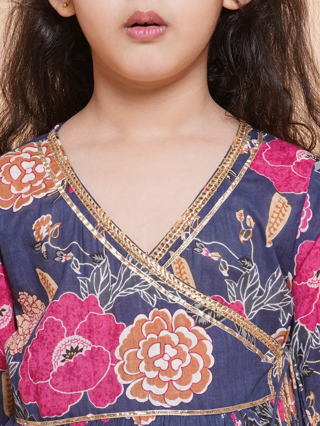 Blue Floral Cotton Printed A line Kurta Set For Women & Angrakha Kurta Sharara Set For Girls