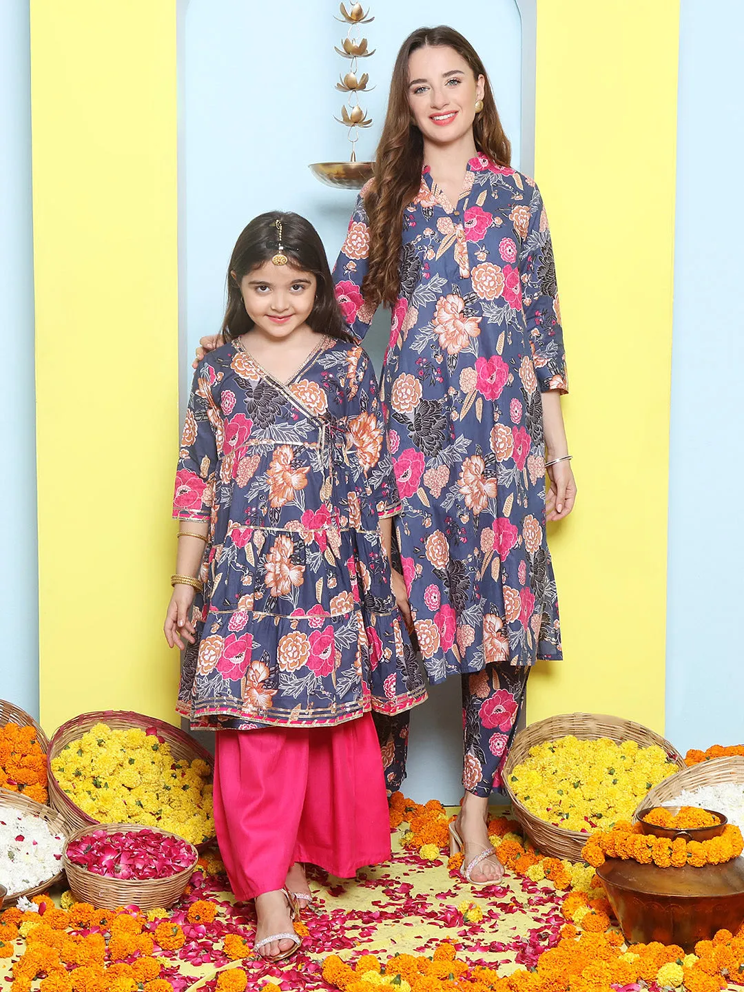 Blue Floral Cotton Printed A line Kurta Set For Women & Angrakha Kurta Sharara Set For Girls
