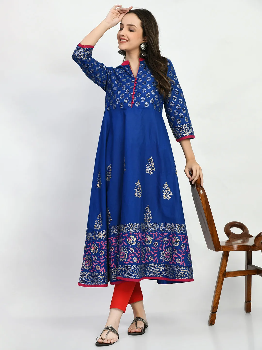 Blue Handblock Printed Anarkali Kurta
