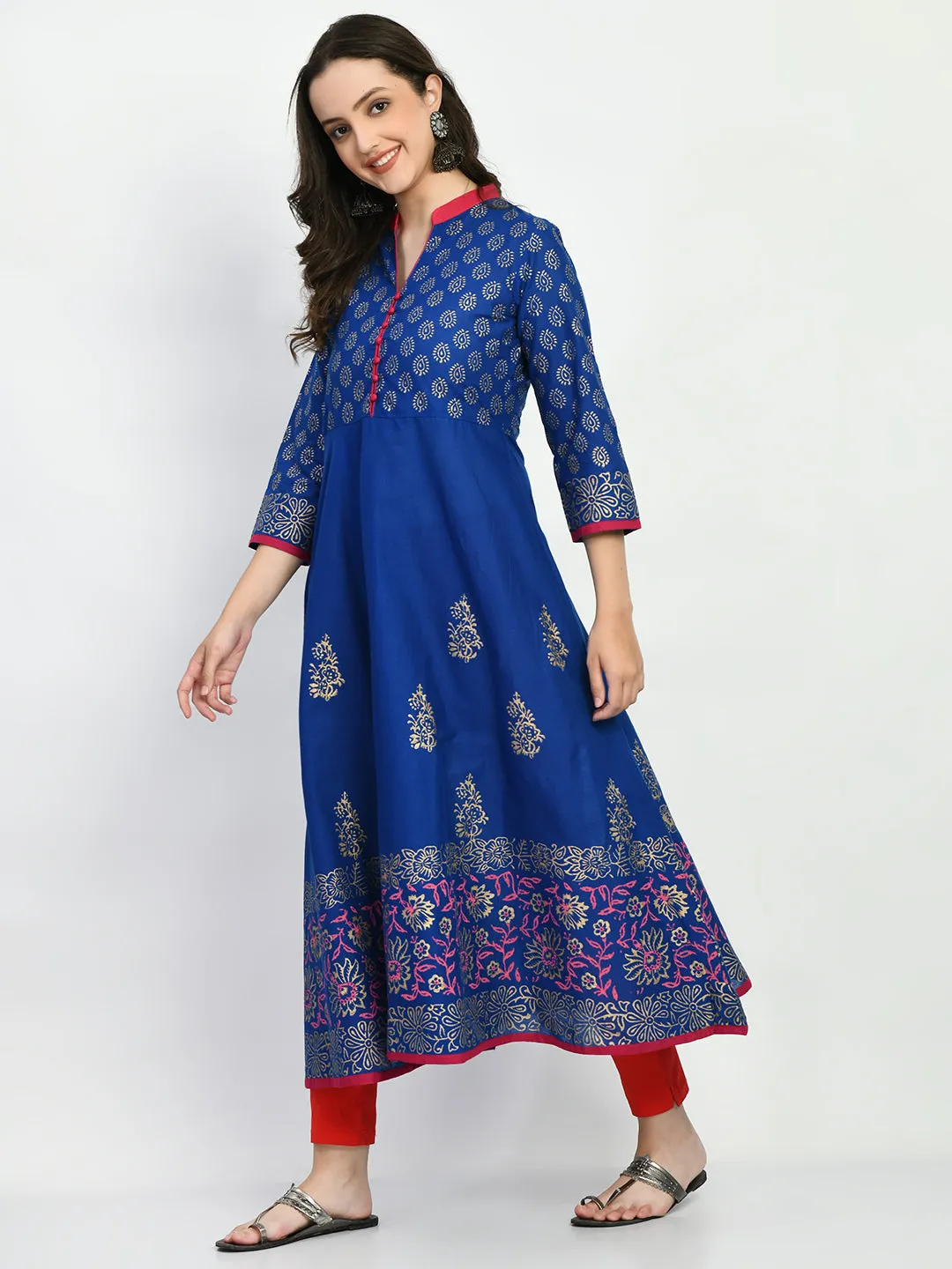 Blue Handblock Printed Anarkali Kurta