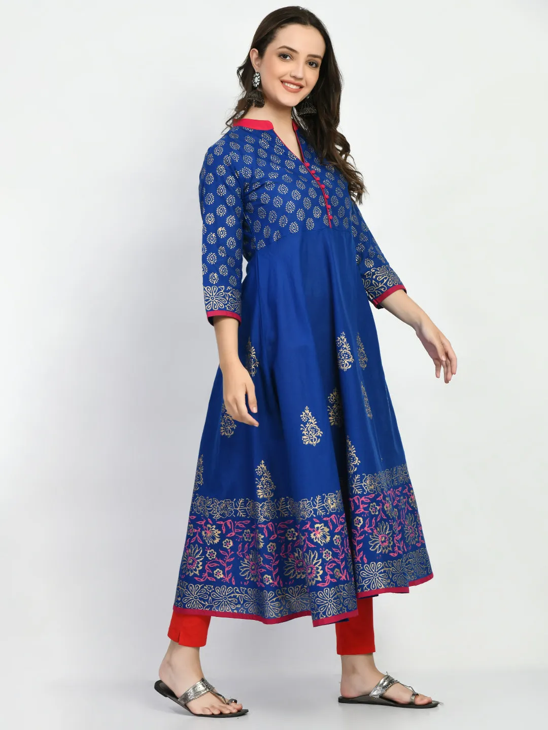 Blue Handblock Printed Anarkali Kurta