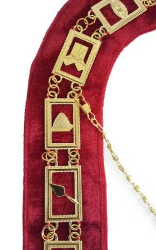 Blue Lodge Working Tools - Masonic Chain Collar - Gold/Silver on Red   Free Case