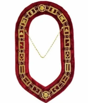 Blue Lodge Working Tools - Masonic Chain Collar - Gold/Silver on Red   Free Case