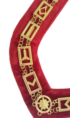 Blue Lodge Working Tools - Masonic Chain Collar - Gold/Silver on Red   Free Case
