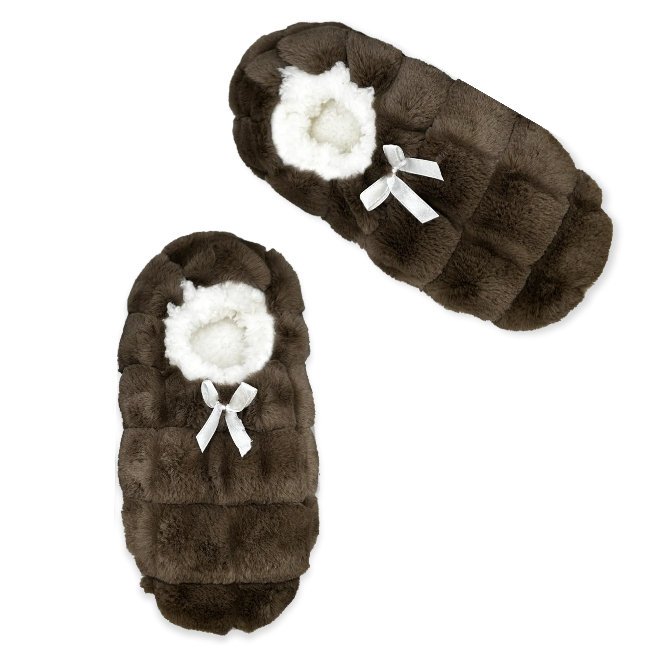 Brown Faux Fur Quilted Fuzzy Babba  Slipper Sock