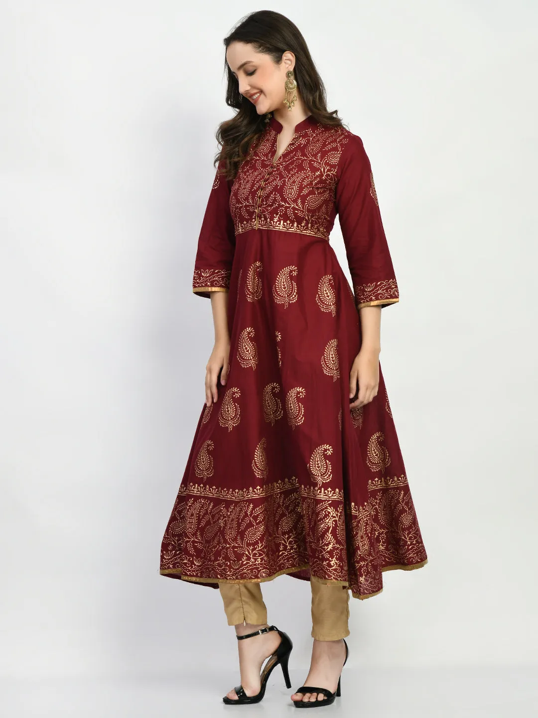 Brown Handblock Printed Anarkali Kurta