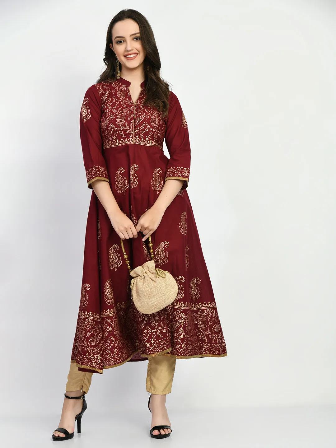 Brown Handblock Printed Anarkali Kurta