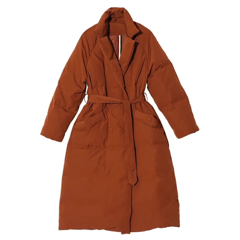 Brown High-Collar Belted Down Coat