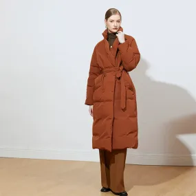 Brown High-Collar Belted Down Coat