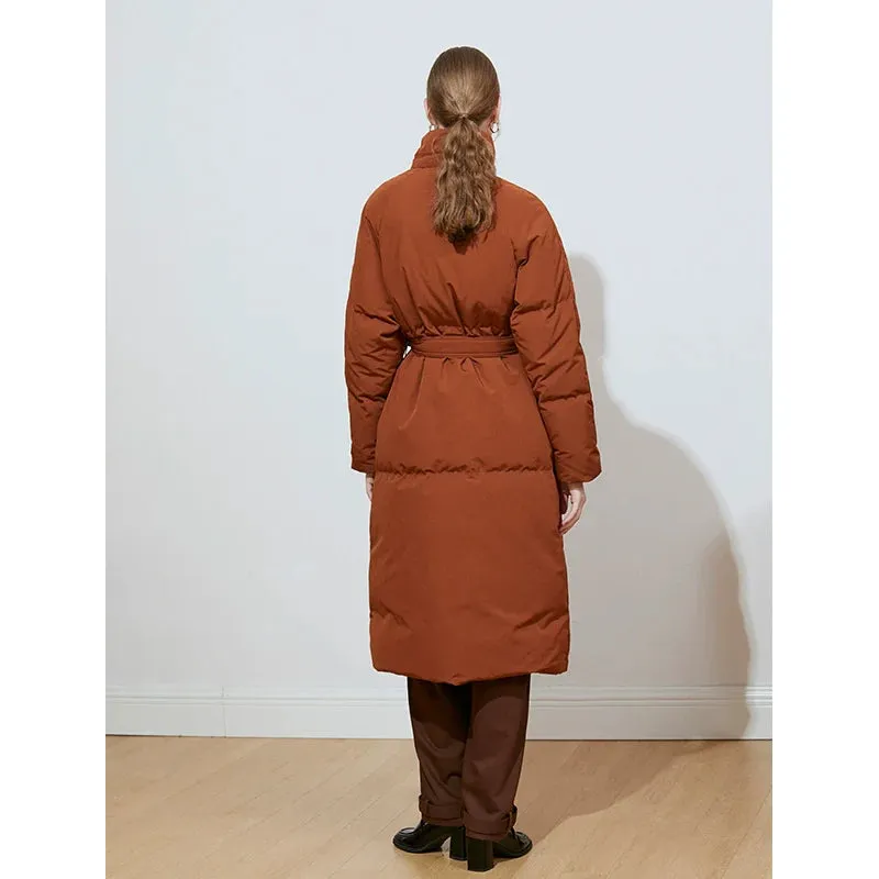 Brown High-Collar Belted Down Coat