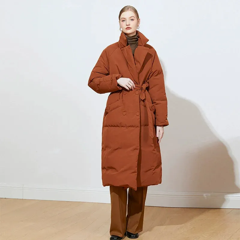 Brown High-Collar Belted Down Coat