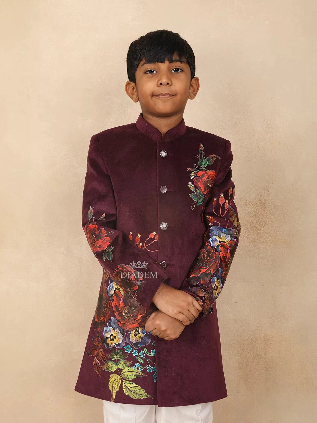 Burgundy Kids Sherwani Adorned with Flower Designs