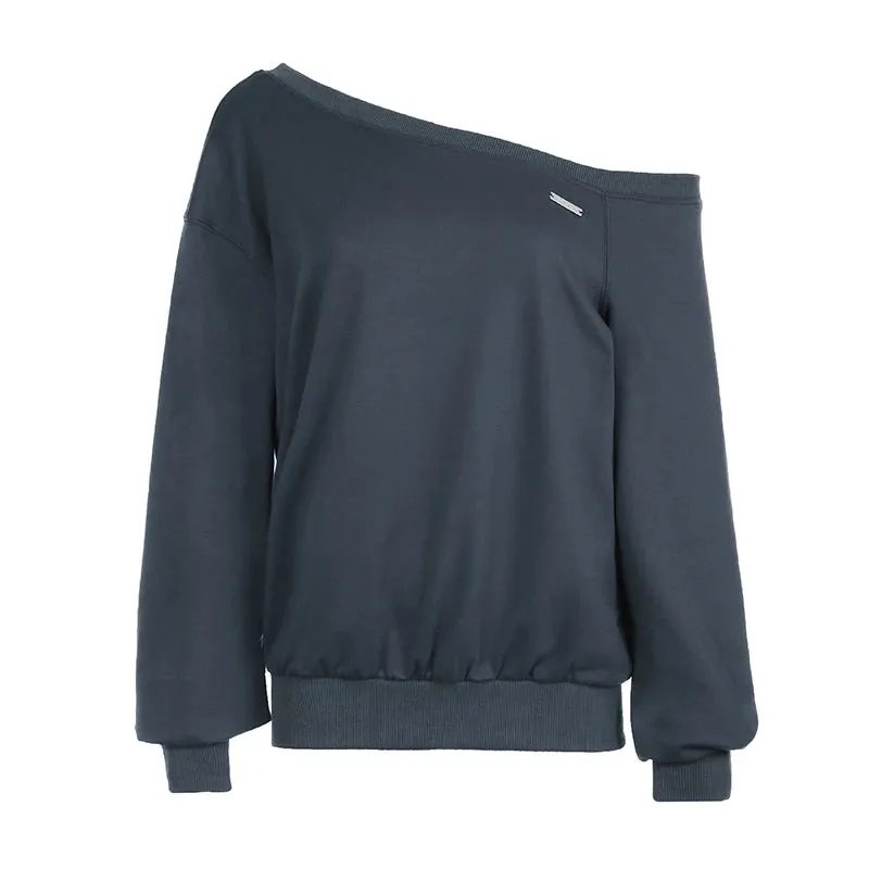 Casual Solid Skew Neck Autumn Sweatshirts Women Korean Fashion Chic Spring Pullover Preppy Style Hoodies Outfits New