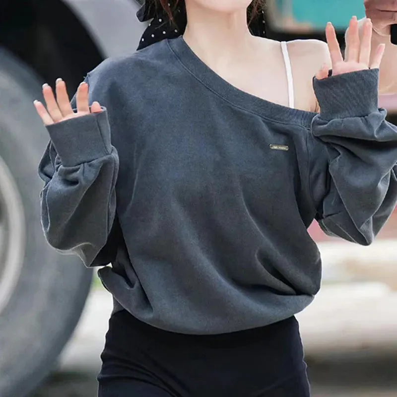 Casual Solid Skew Neck Autumn Sweatshirts Women Korean Fashion Chic Spring Pullover Preppy Style Hoodies Outfits New