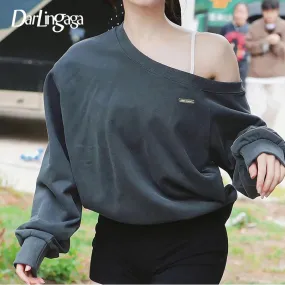 Casual Solid Skew Neck Autumn Sweatshirts Women Korean Fashion Chic Spring Pullover Preppy Style Hoodies Outfits New