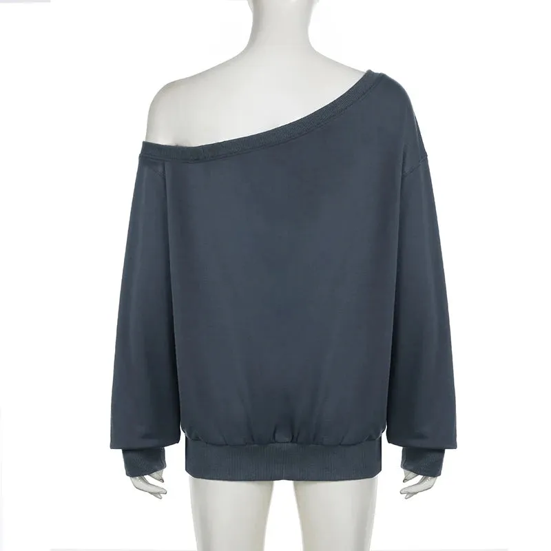 Casual Solid Skew Neck Autumn Sweatshirts Women Korean Fashion Chic Spring Pullover Preppy Style Hoodies Outfits New