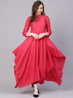 Cotton Fushia Pink Asyemmetric Kurta With Madarin Collar & 3/4 Sleeves
