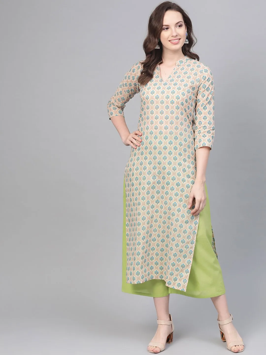 Cream Printed Kurta Set With Solid Green Pant